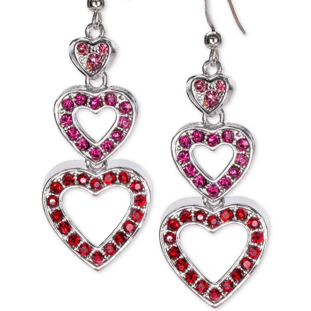 💕Holiday Lane Silver Tone Pavé Heart Triple Drop Earrings Red Pink One Size